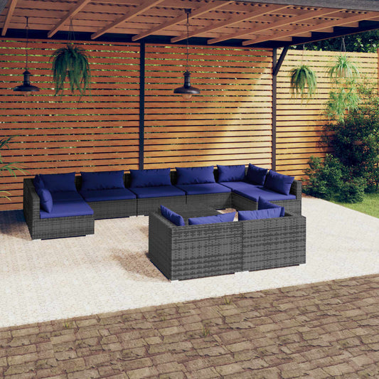 10 pièces. Salon de jardin avec coussins en polyrotin gris