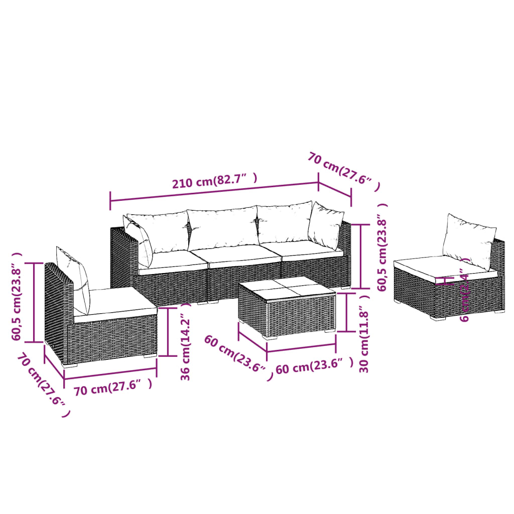6-tlg. Garten-Lounge-Set mit Auflagen Poly Rattan Braun
