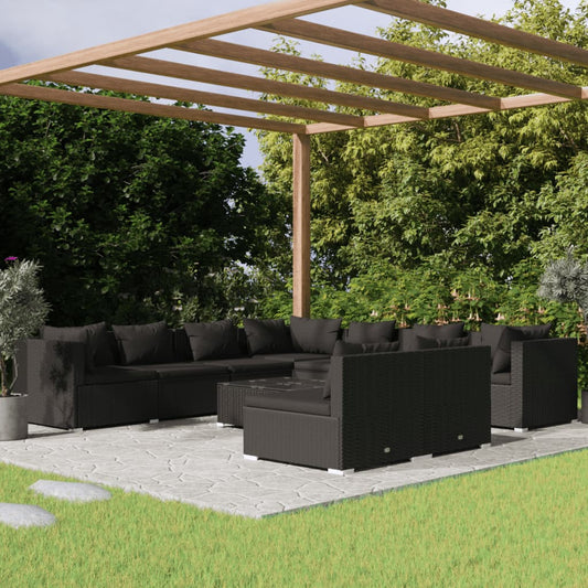 Salon de jardin 10 pièces avec coussins, en polyrotin noir