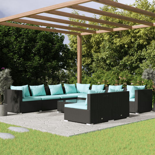 Salon de jardin 10 pièces avec coussins, en polyrotin noir
