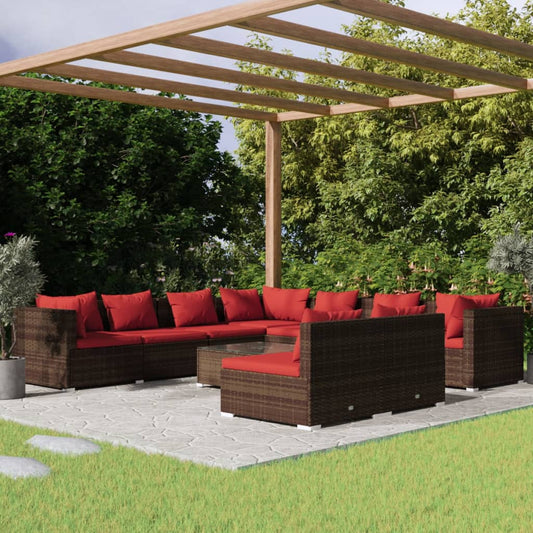 Salon de jardin 10 pièces avec coussins, en polyrotin marron