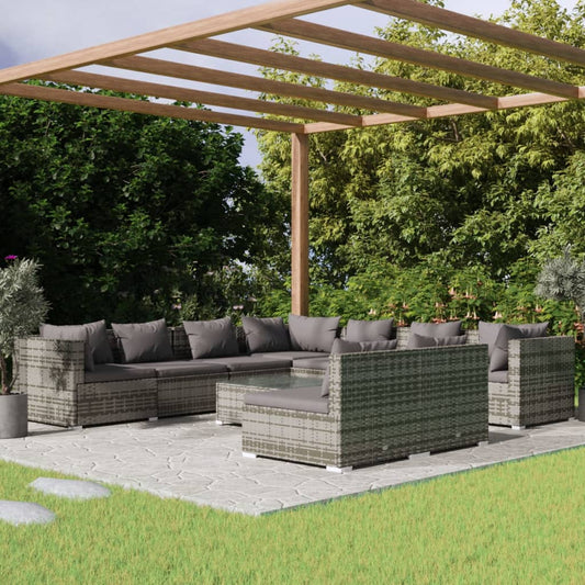 10 pièces. Salon de jardin avec coussins en polyrotin gris