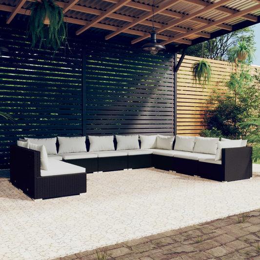 Salon de jardin 10 pièces avec coussins, en polyrotin noir