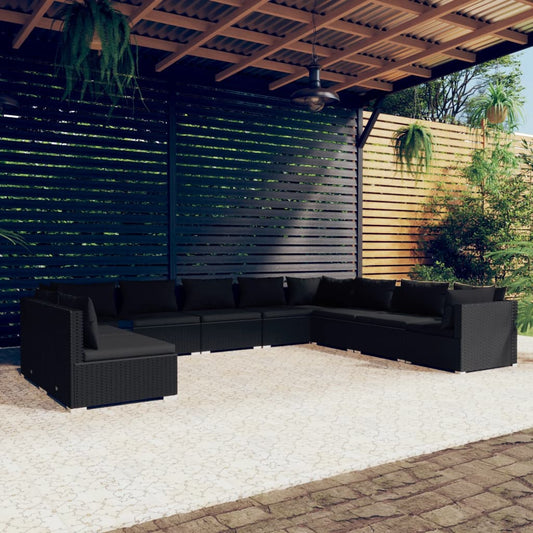Salon de jardin 10 pièces avec coussins, en polyrotin noir