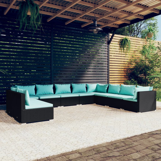 Salon de jardin 10 pièces avec coussins, en polyrotin noir