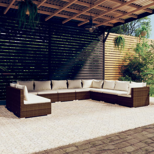 Salon de jardin 10 pièces avec coussins, en polyrotin marron