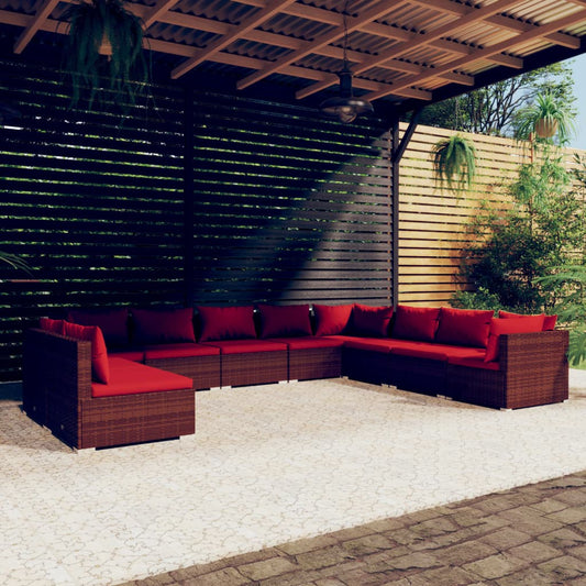 Salon de jardin 10 pièces avec coussins, en polyrotin marron