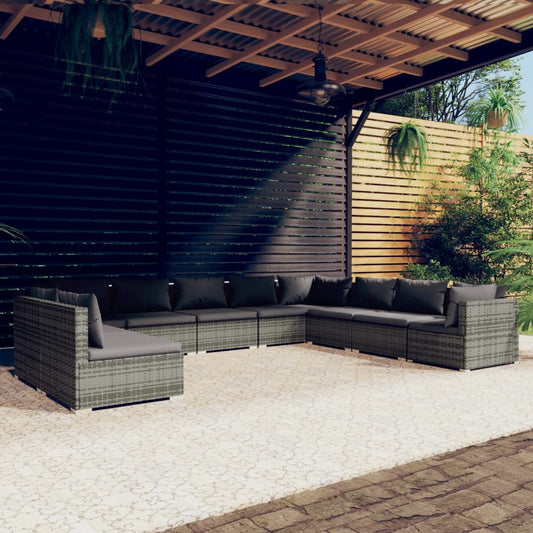 10 pièces. Salon de jardin avec coussins en polyrotin gris