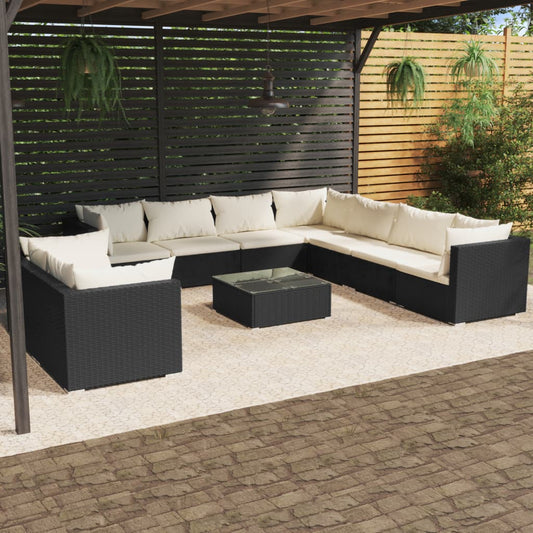 Salon de jardin 10 pièces avec coussins, en polyrotin noir