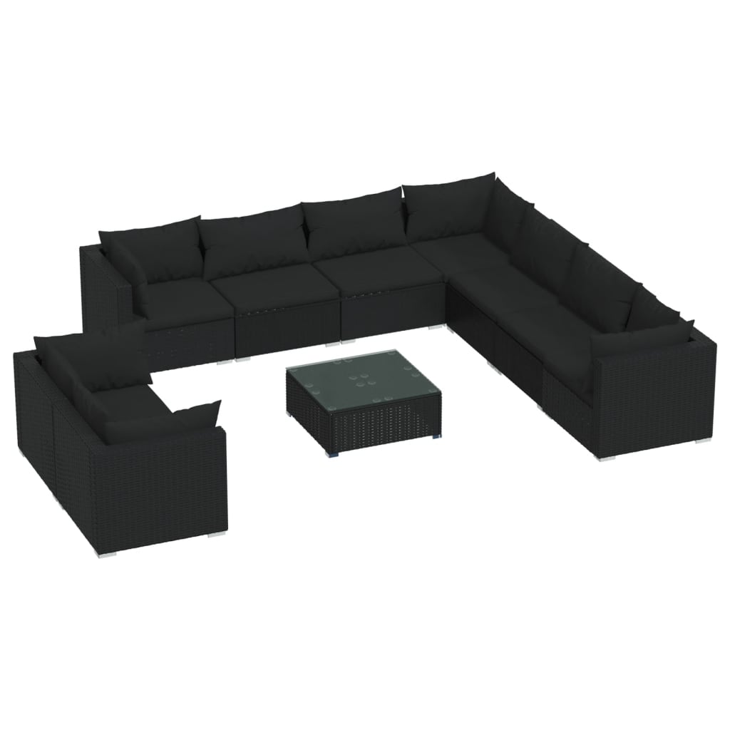 10-tlg. Garten-Lounge-Set mit Kissen Schwarz Poly Rattan