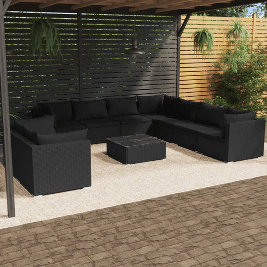 Salon de jardin 10 pièces avec coussins, en polyrotin noir
