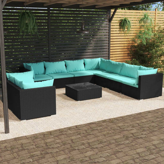 Salon de jardin 10 pièces avec coussins, en polyrotin noir