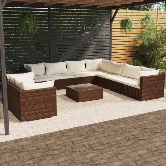 Salon de jardin 10 pièces avec coussins, en polyrotin marron