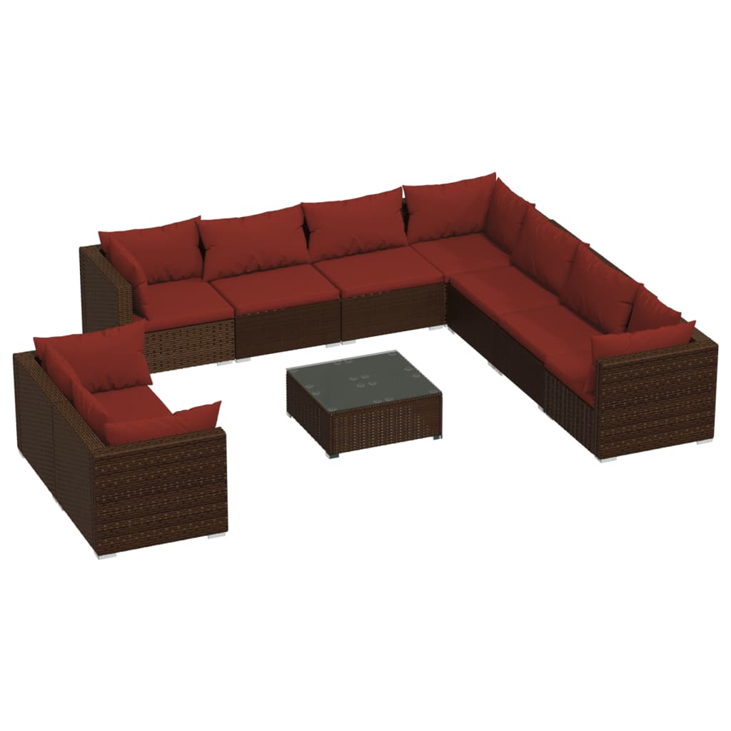 Salon de jardin 10 pièces avec coussins, en polyrotin marron