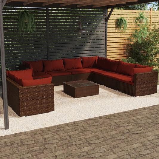 Salon de jardin 10 pièces avec coussins, en polyrotin marron
