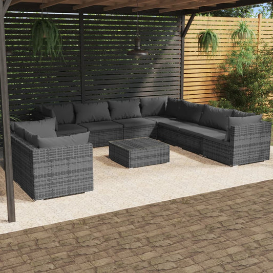 10 pièces. Salon de jardin avec coussins en polyrotin gris