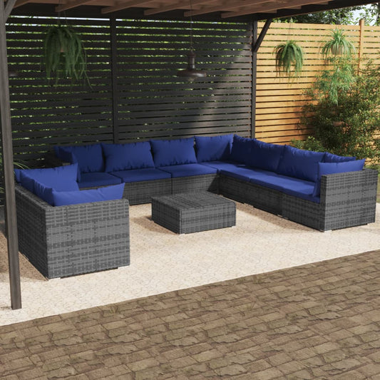 10 pièces. Salon de jardin avec coussins en polyrotin gris