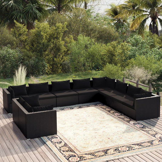 10-tlg. Garten-Lounge-Set mit Kissen Schwarz Poly Rattan