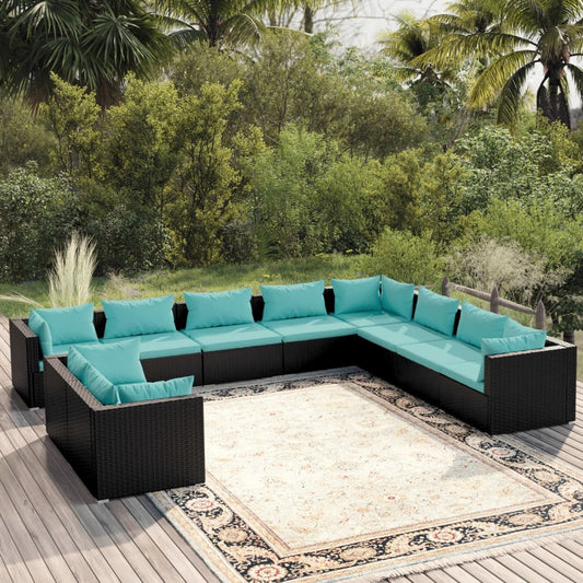 Salon de jardin 10 pièces avec coussins, en polyrotin noir