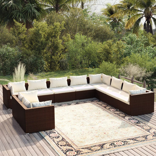 Salon de jardin 10 pièces avec coussins, en polyrotin marron