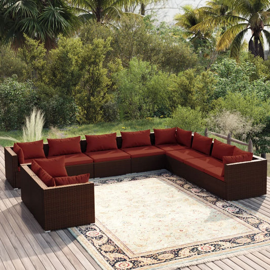 Salon de jardin 10 pièces avec coussins, en polyrotin marron