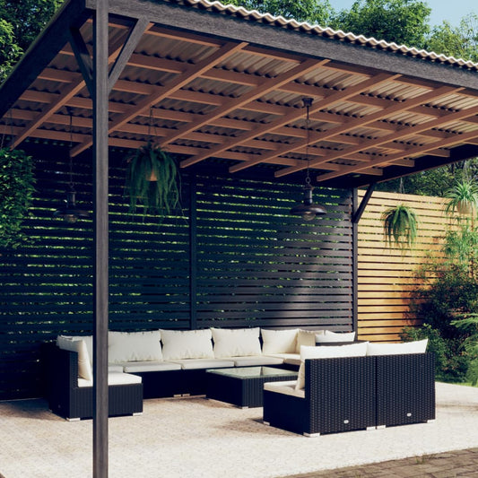 Salon de jardin 10 pièces avec coussins, en polyrotin, noir