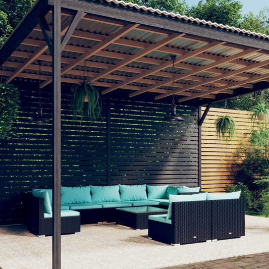 Salon de jardin 10 pièces avec coussins, en polyrotin, noir