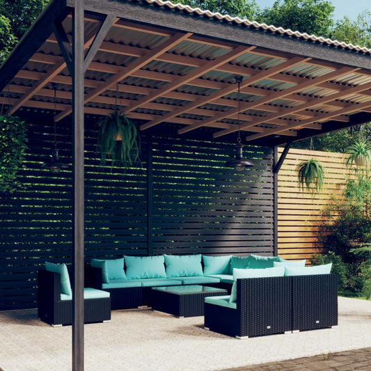 Salon de jardin 10 pièces avec coussins, en polyrotin, noir