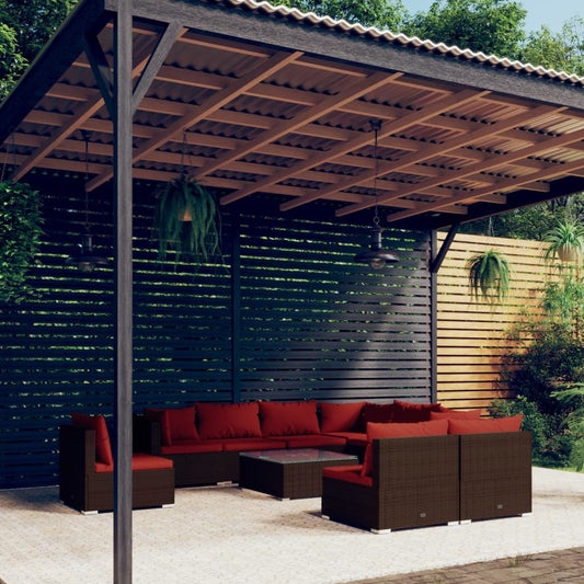 10-tlg. Garten-Lounge-Set mit Kissen Poly Rattan Braun