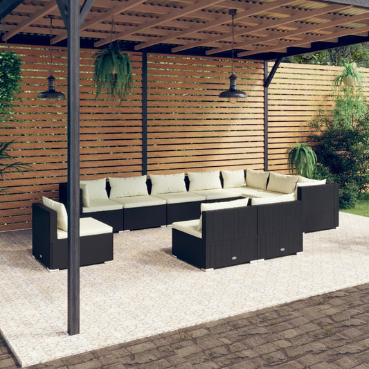 Salon de jardin 10 pièces avec coussins, en polyrotin, noir