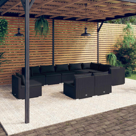 Salon de jardin 10 pièces avec coussins, en polyrotin, noir