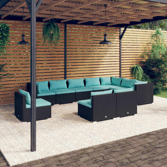 Salon de jardin 10 pièces avec coussins, en polyrotin, noir