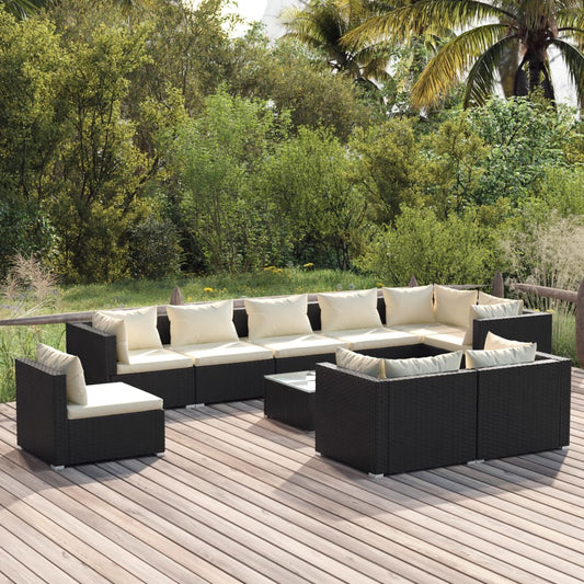 Salon de jardin 10 pièces avec coussins, en polyrotin, noir