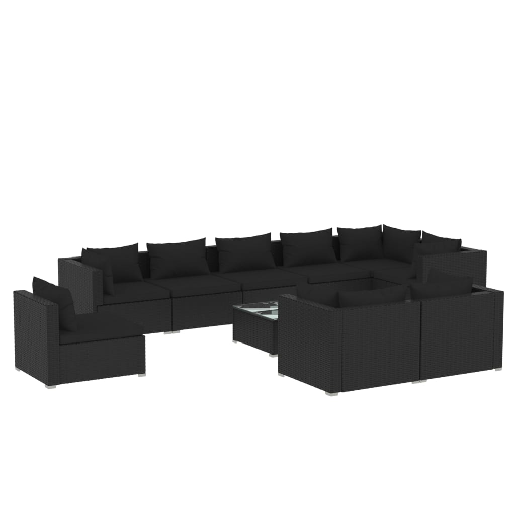 10-tlg. Garten-Lounge-Set mit Kissen Poly Rattan Schwarz