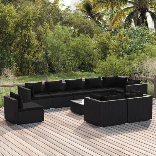 Salon de jardin 10 pièces avec coussins, en polyrotin, noir