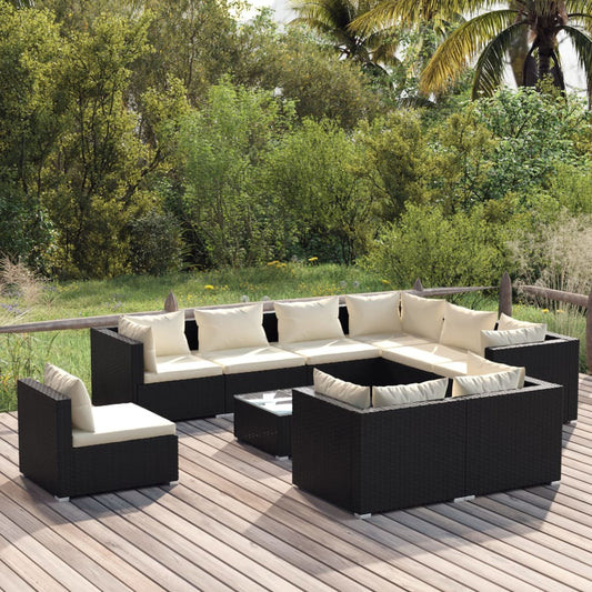 Salon de jardin 10 pièces avec coussins, en polyrotin, noir