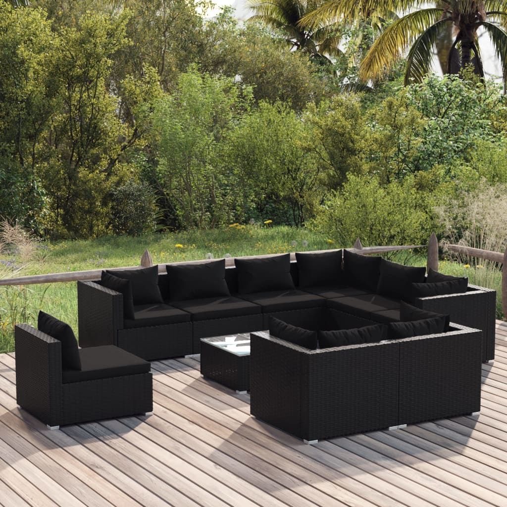 Salon de jardin 10 pièces avec coussins, en polyrotin, noir