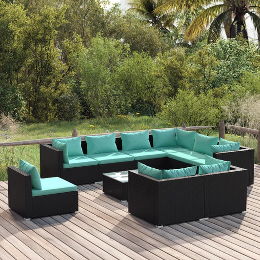Salon de jardin 10 pièces avec coussins, en polyrotin, noir