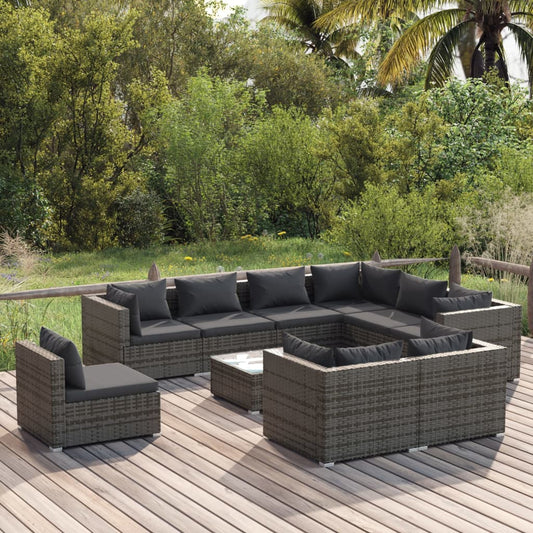 10-tlg. Garten-Lounge-Set mit Kissen Poly Rattan Grau