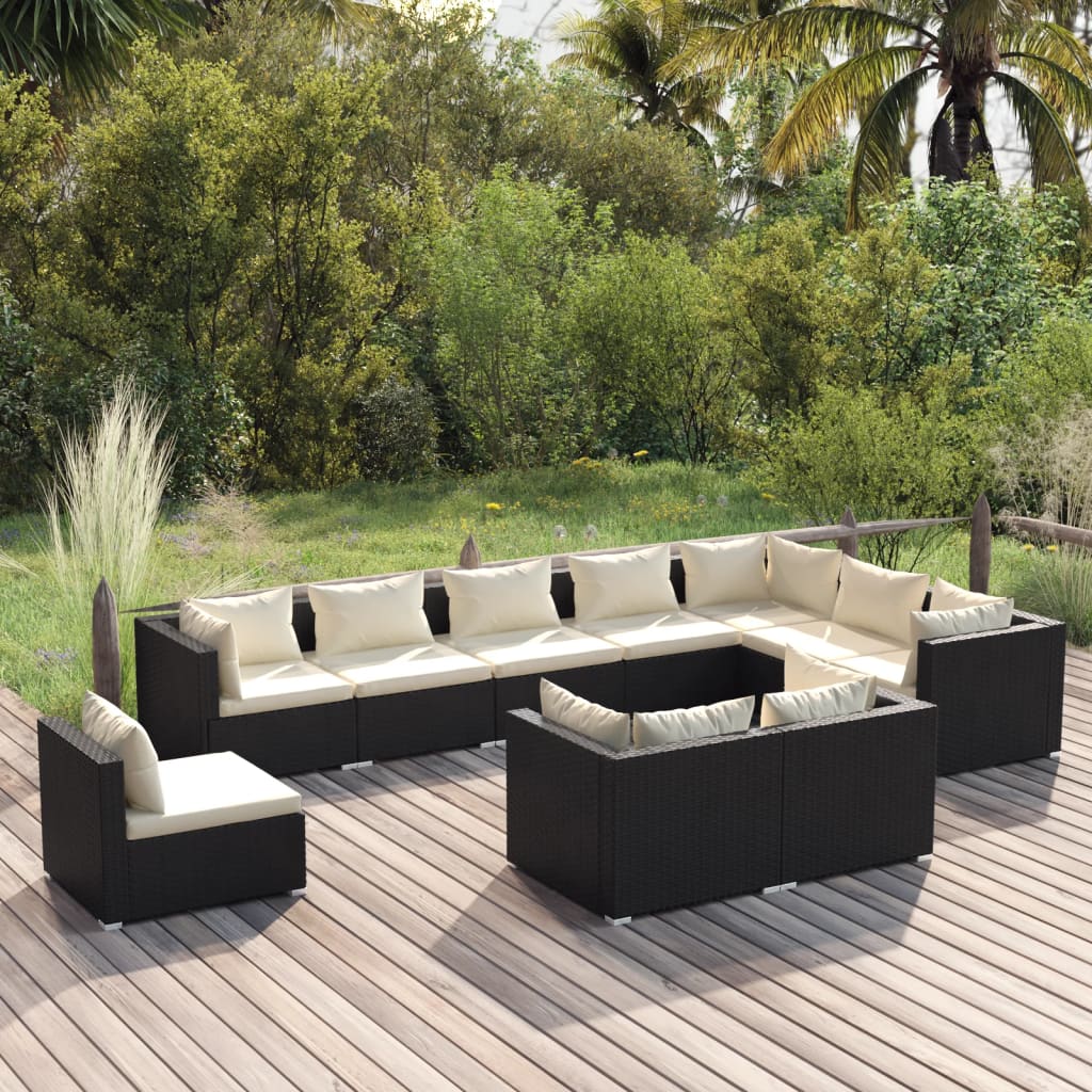 Salon de jardin 10 pièces avec coussins, en polyrotin, noir