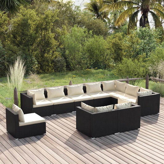 Salon de jardin 10 pièces avec coussins, en polyrotin, noir