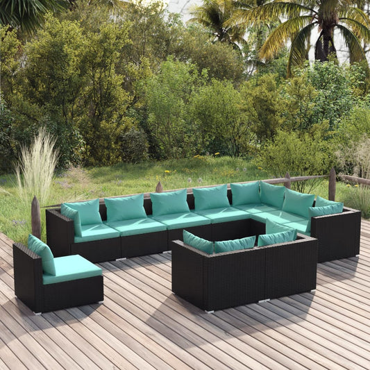 Salon de jardin 10 pièces avec coussins, en polyrotin, noir