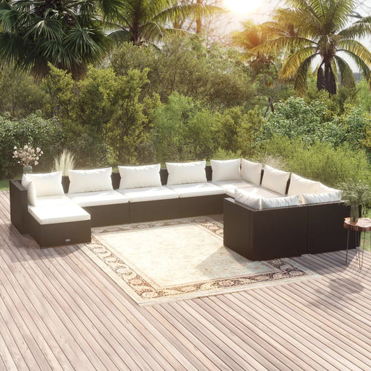 Salon de jardin 10 pièces avec coussins, en polyrotin, noir
