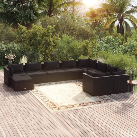 Salon de jardin 10 pièces avec coussins, en polyrotin, noir