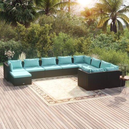 Salon de jardin 10 pièces avec coussins, en polyrotin, noir