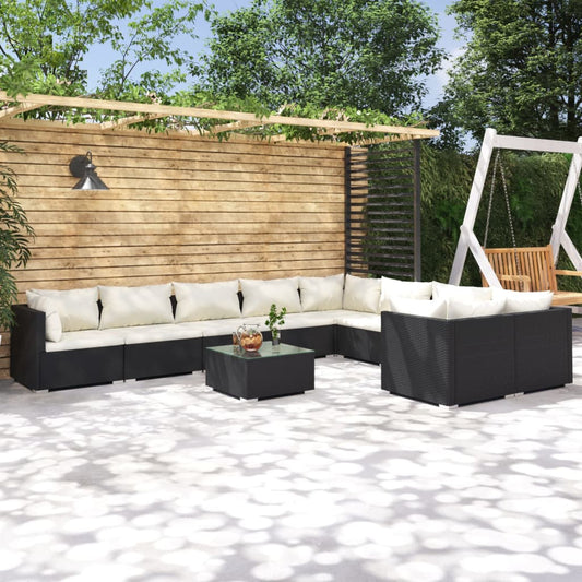 Salon de jardin 10 pièces avec coussins, en polyrotin, noir