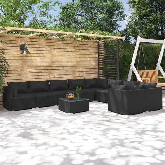 Salon de jardin 10 pièces avec coussins, en polyrotin, noir