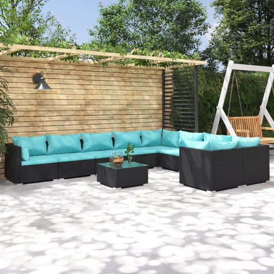 Salon de jardin 10 pièces avec coussins, en polyrotin, noir