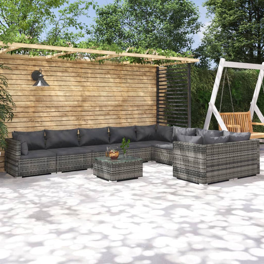 10-tlg. Garten-Lounge-Set mit Kissen Poly Rattan Grau