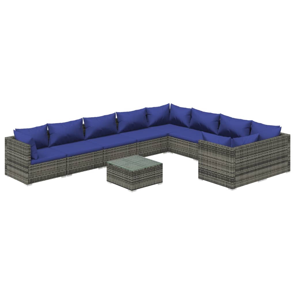 Salon de jardin 10 pièces avec coussins, en résine tressée, gris